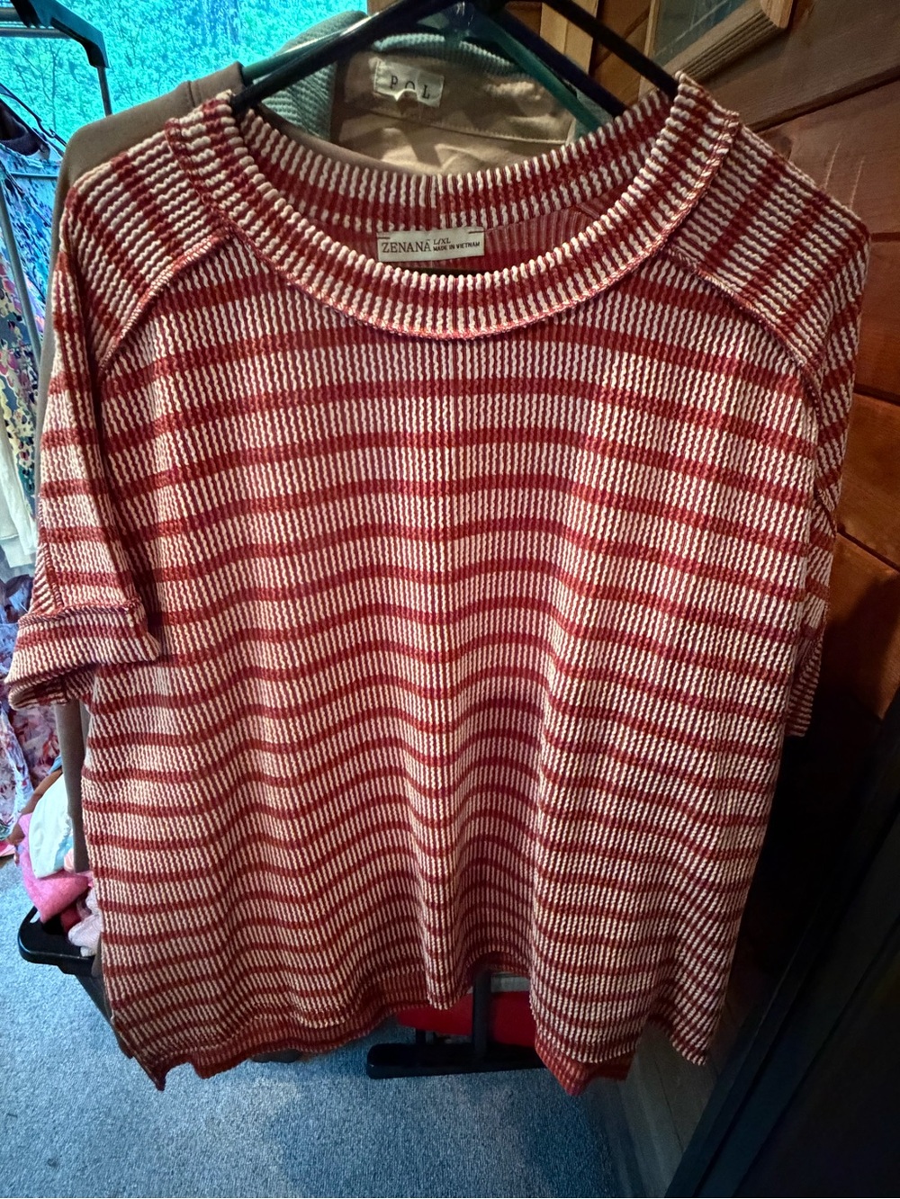 Zenana Outfitters Rust and White Striped Crewneck Pullover. New without tags